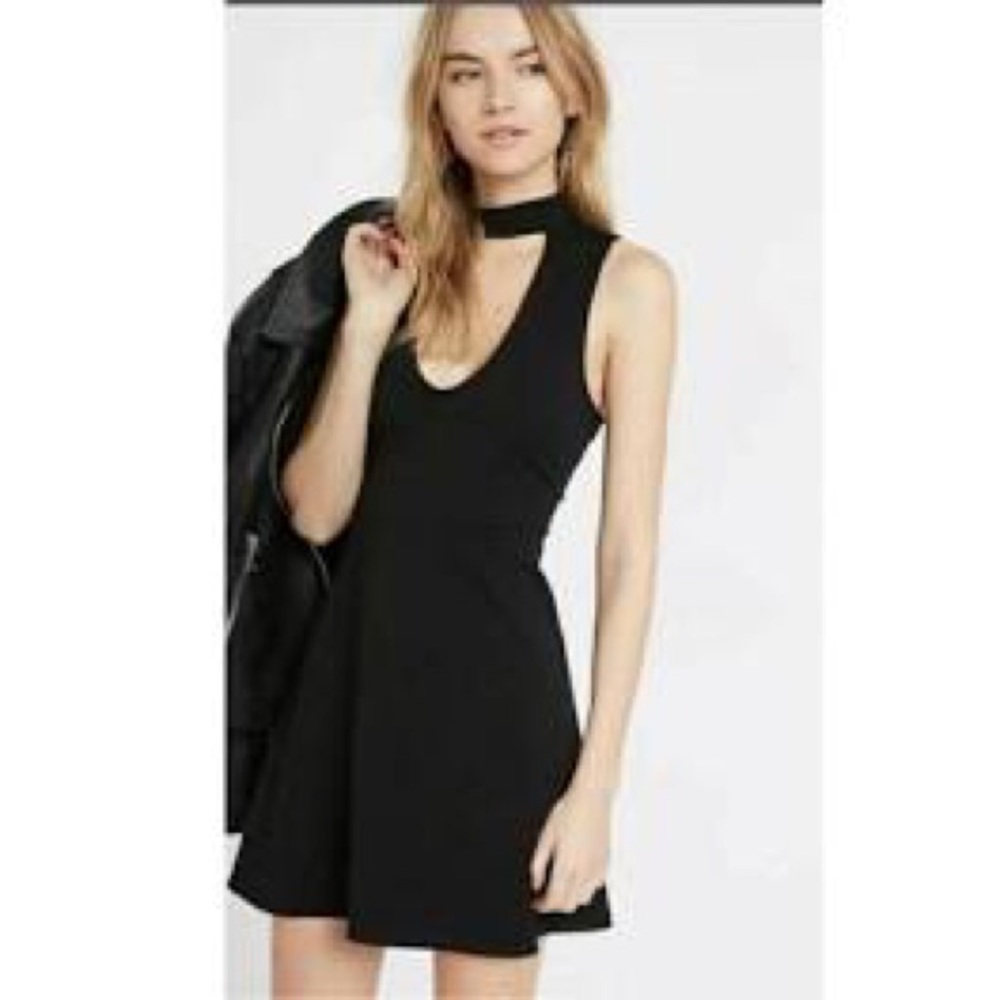 Express Black Mock Neck Keyhole Fit Flare Dress.